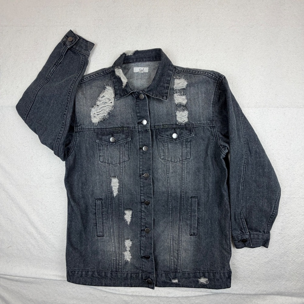 Easel Los Angeles Distressed Denim Jacket Black Faded Oversized Trucker ET12538